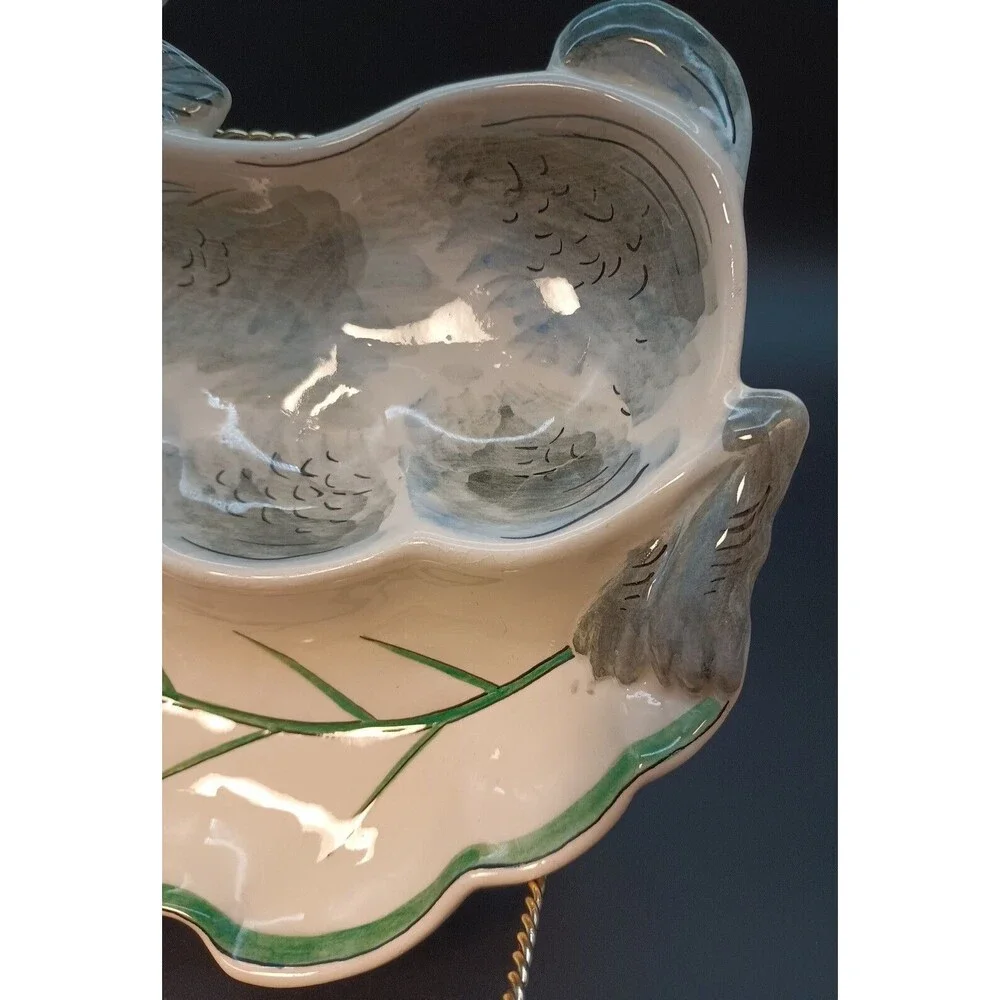 Vintage Bunny And Cabbage Leaf Divided Dish Relish Rabbit Hand Painted Italy